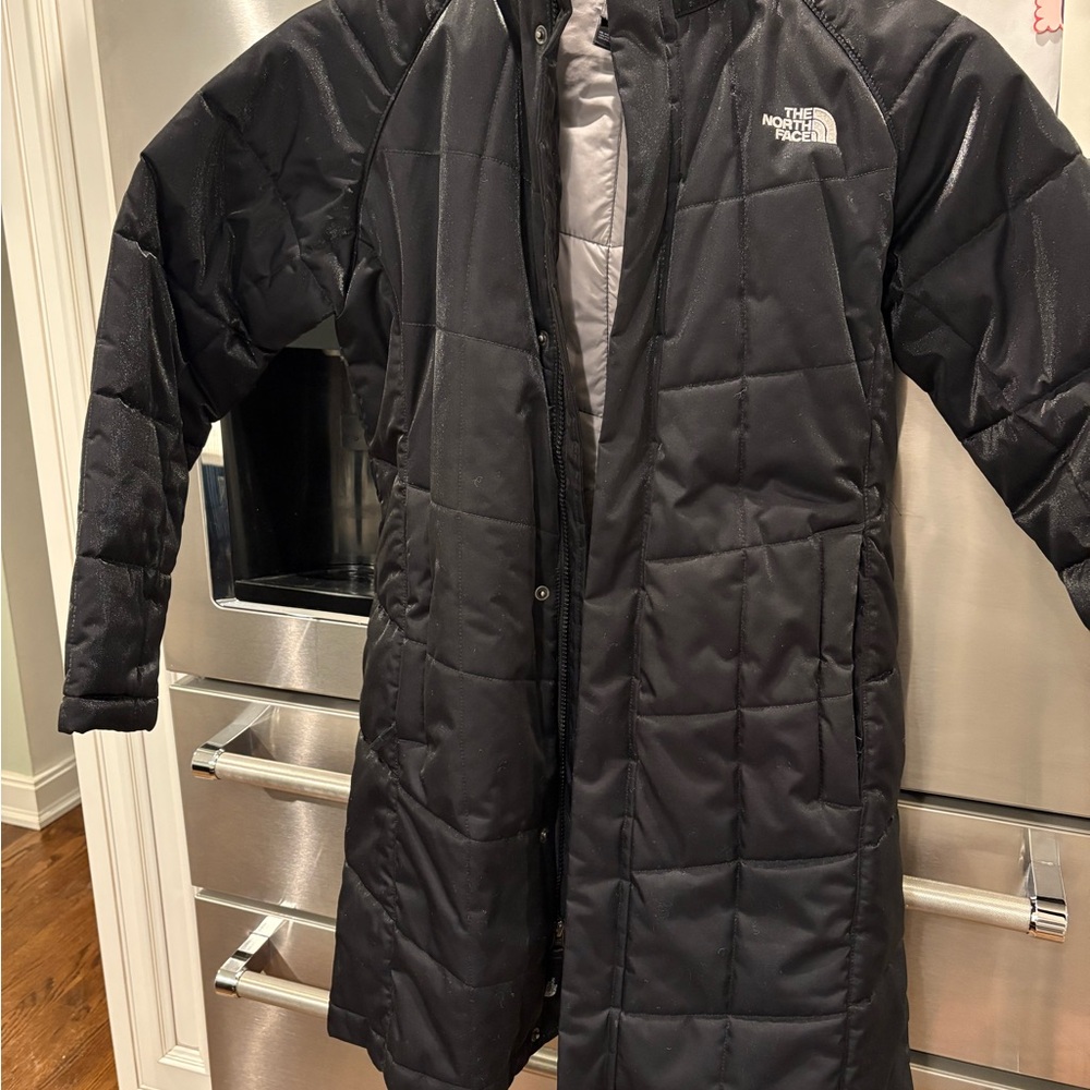 The North Face black long down coat